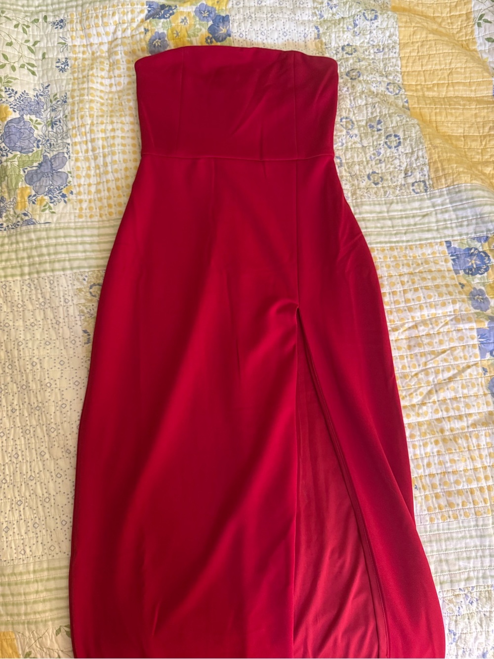 Meshki Strapless Red Maxi Dress with High Slit - Picture 2 of 4
